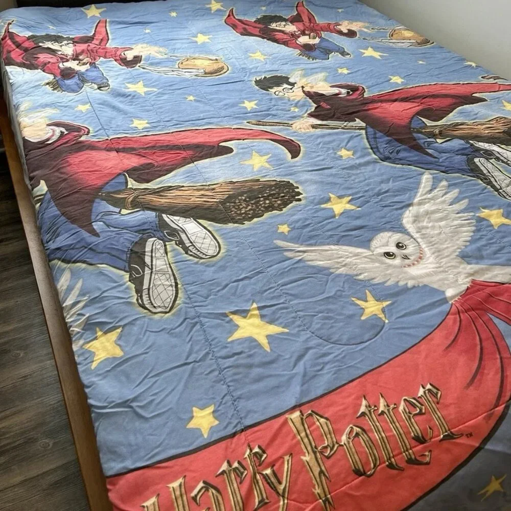 Vtg Harry Potter Quidditch Snitch Hedwig Double Sided Comforter & Pillow Case